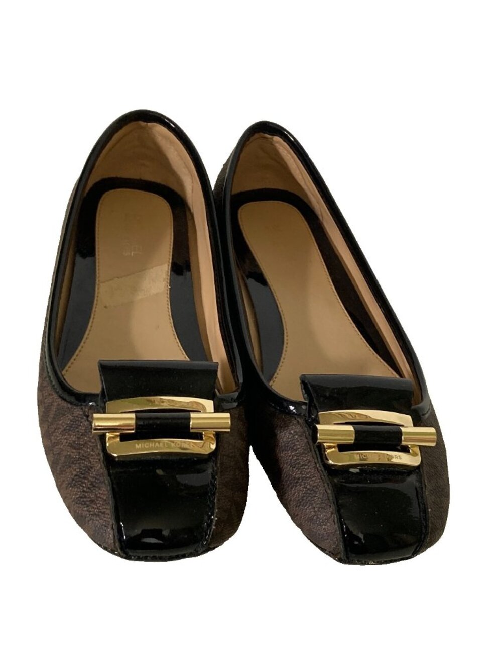 MICHAEL KORS Gloria Moc Flats 7M Brown Monogram Canvas Career Designer Preppy